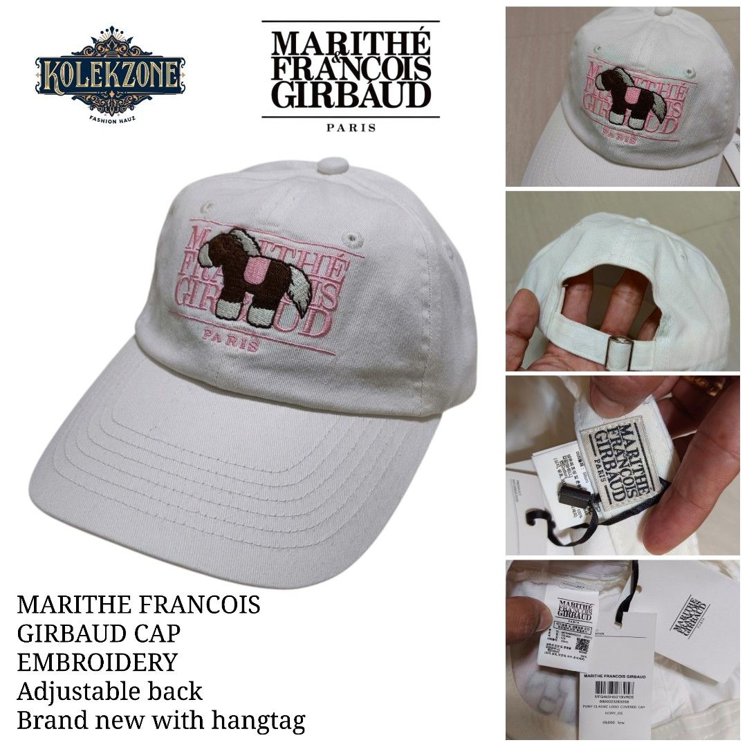 Marithe Francois Girbaud Pony Classic Logo Covered Cap (Category: Caps & Hats) located in Nasugbu. Submitted by staffpicks1515 (Listing ID 1468794130, Image 1). Description: - Brand: Marithe Francois Girbaud - Style: Pony Classic Logo Covered Cap - Color: Ivory with cute pony embroidery and pink lettering - Material: 100% cotton - Size: Standard 58cm circumference with adjustable strap back - Condition: Brand new, never used, with original hangta