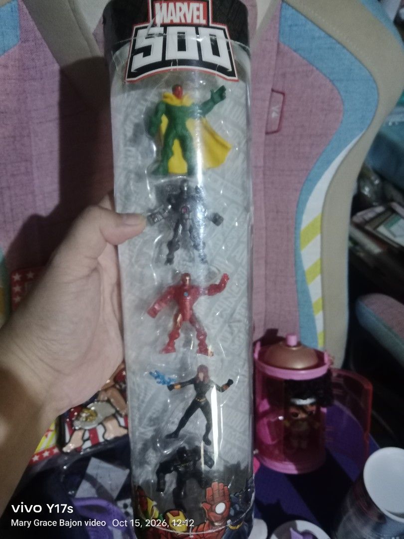 Marvel 500 Miniature Figure Tube 5-Pack (Category: Figurines & Statues) located in Muntinlupa City. Submitted by periwinklefairy23 (Listing ID 1468895507, Image 1). Description: - Authentic Marvel 500 collectible tube - Includes 5 miniature figures: Vision, War Machine, Iron Man, Black Widow, and Black Panther - Brand new and sealed in original clear plastic packaging cylinder - Ideal gift or addition to any Marvel collection - Meetup or shipping