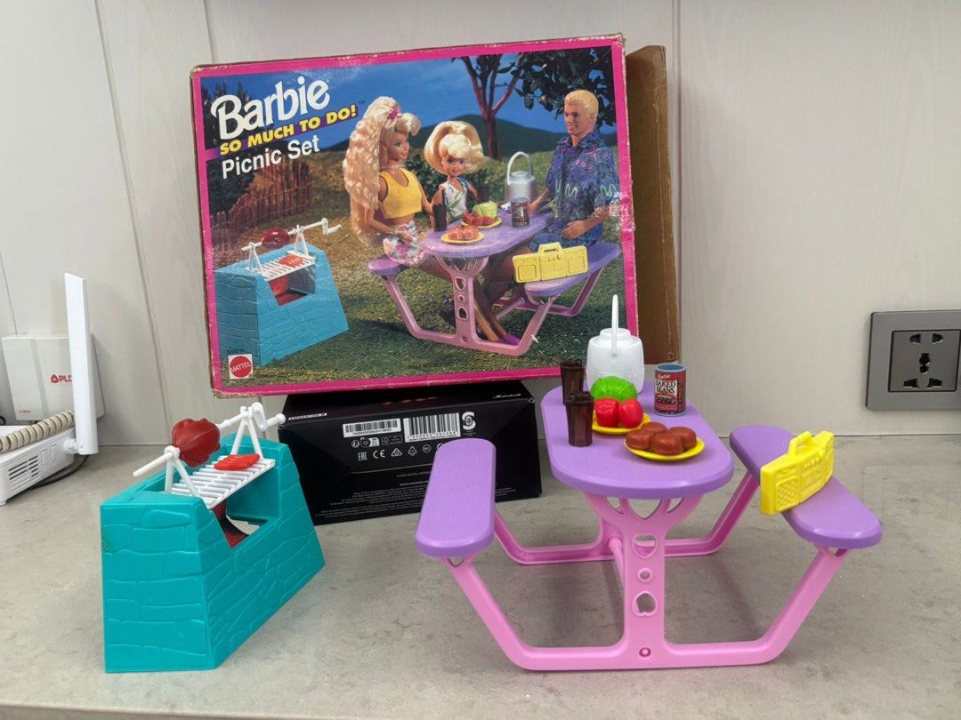 Mattel Barbie So Much To Do Picnic Set (Category: Kids Toys) located in Manila. Submitted by lorymingui15824 (Listing ID 1468809735, Image 1). Description: - Vintage Mattel Barbie picnic set playset - Includes pink picnic table with attached benches and blue BBQ grill with rotisserie - Comes with fun accessories: food, drink cups, plates, canned beans, and yellow boombox - Perfect addition for Barbie collections and dollhouse setups.