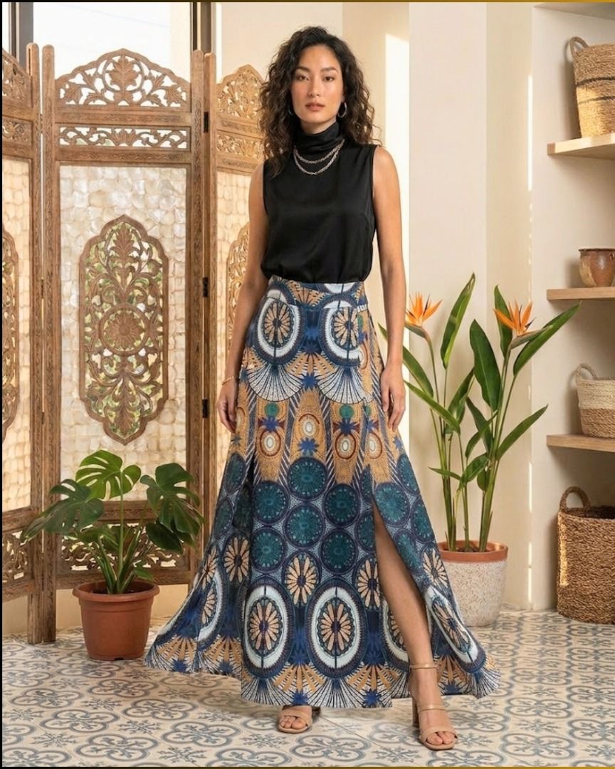 MAXI SKIRT (Category: Skirts) located in Calamba. Submitted by rackme (Listing ID 1468714419, Image 2). Description: 👗 MAXI SKIRT 💵 ₱250 ONLY!! (previous price posted ₱300) 📏 Small - Medium 💎 EXCELLENT CONDITION! ✨ This elegant maxi skirt features a striking geometric print, perfect for elevating any casual or dressy look. 👜 Item Specifics Floor-length maxi skirt featuring an intricate geometric and circular tribal pattern in shades of blue,