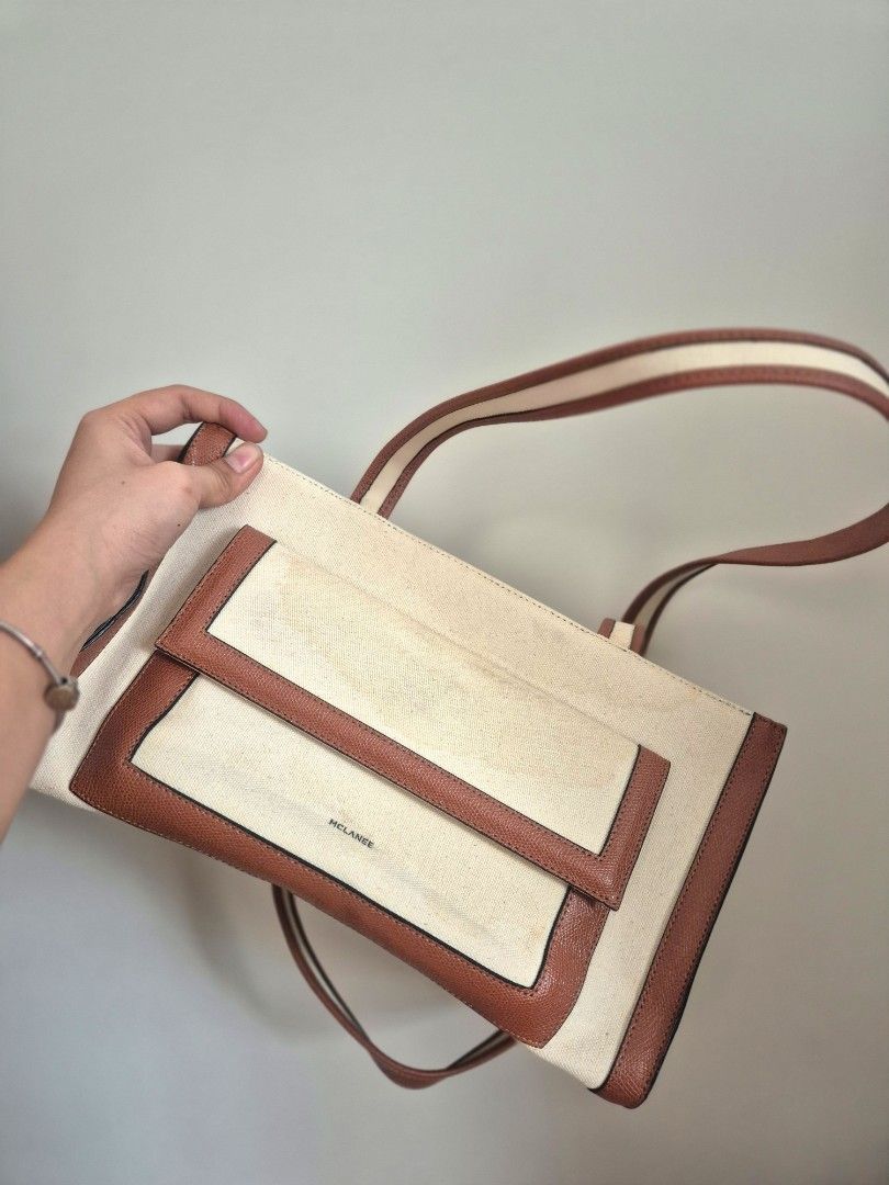 McLanee 977KD shoulder bag (Category: Shoulder Bags) located in Manila. Submitted by mommynurse (Listing ID 1468791065, Image 2). Description: - structured rectangular shape, canvas body with contrasting brown faux/genuine leather trim, front flap pocket with the MCLANEE logo, and long double shoulder/arm straps. - need wash or punas lang - super nice pangattend ng mga event.