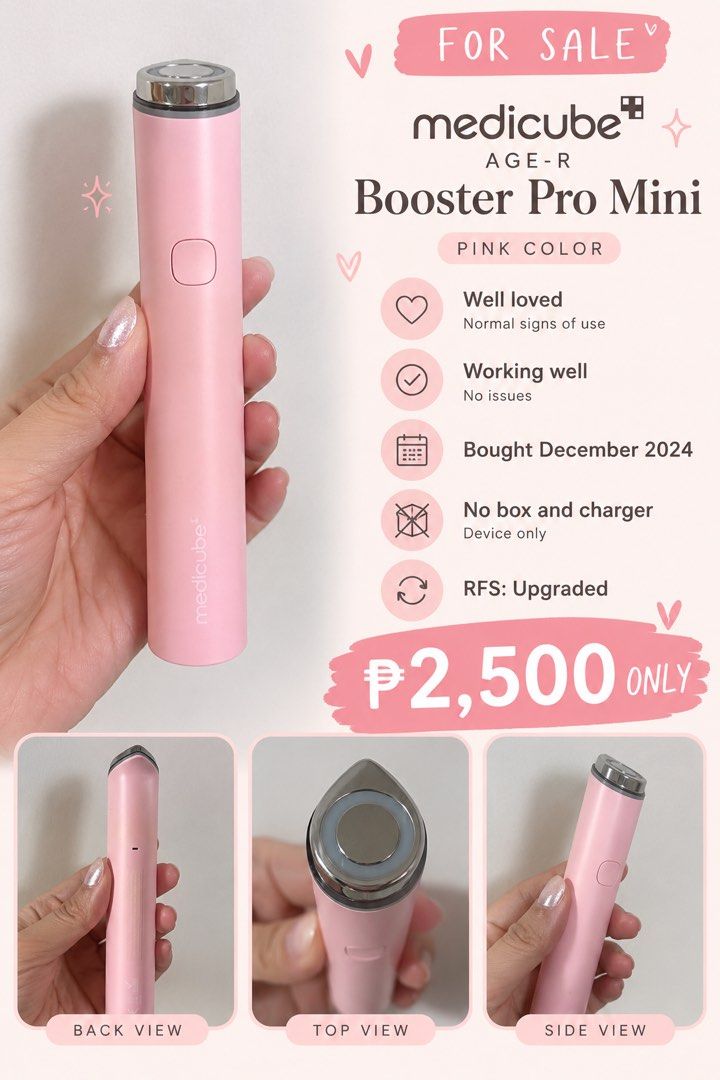 Medicube Age-R Booster Pro Mini Pink (Category: Face Care) located in Pasig City. Submitted by prettypink0420 (Listing ID 1468792131, Image 1). Description: - Item: Medicube Age-R Booster Pro Mini - Color: Pink - Purchased: December 2024 - Condition: 100% working, well-loved with normal signs of use - Inclusion: Device only (no box and charger included) - Reason for Selling: Upgraded to a newer unit.