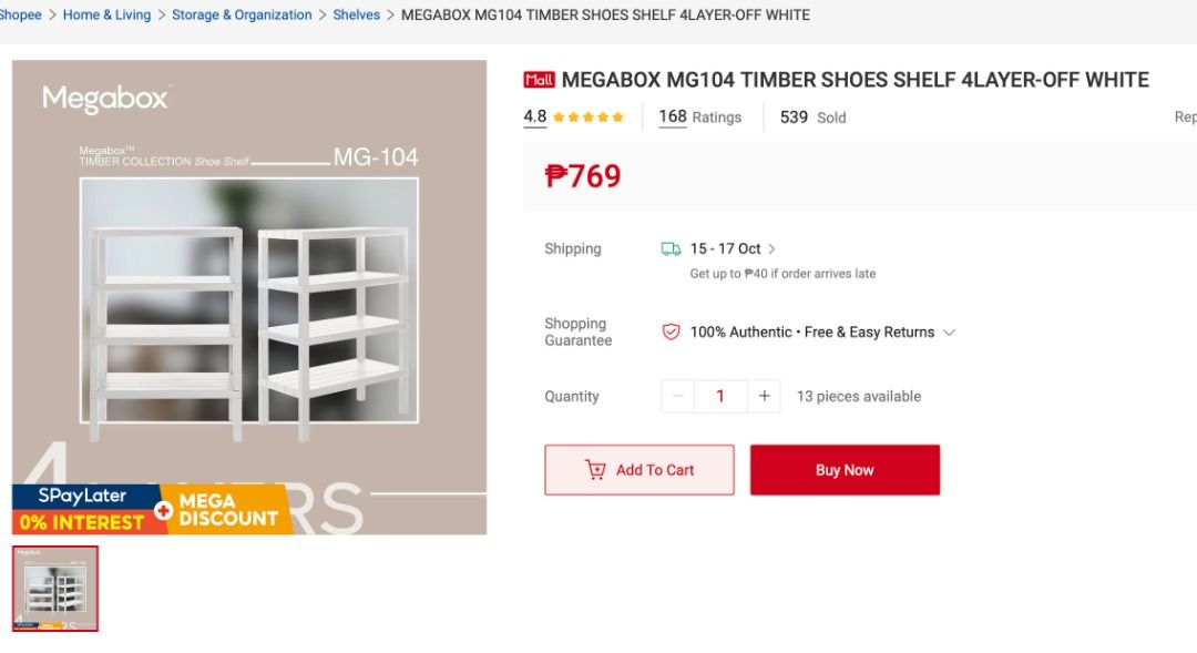 MEGABOX Timber Shoes Shelf 4 Layer Off White (Category: Shelves, Cabinets & Racks) located in Makati City. Submitted by maria.valderama (Listing ID 1468882052, Image 1). Description: - Brand/Model: MEGABOX MG104 Timber Shoes Shelf - Layers: 4 tiers for ample storage - Color: Clean off white, modern design - Material: Sturdy wooden construction - Best for: Entryways, bedrooms, and room organization - Condition: NEW 📍 LOCATION: EDSA Shaw / Queensr