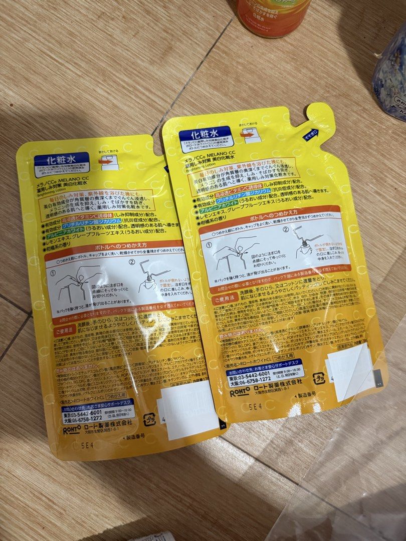 Melano CC Brightening Lotion Refill Pack Set (Category: Face Care) located in Manila. Submitted by n1khola1_20051606 (Listing ID 1468757476, Image 2). Description: - Product: Rohto Melano CC Brightening Lotion Refill - Quantity: 2 packs (170ml each) - Condition: Brand new, unopened pouches - Key Benefit: Formulated with Vitamin C derivative to prevent dark spots and hyperpigmentation - Scent: Refreshing citrus - Note: Refill packs only, ideal for