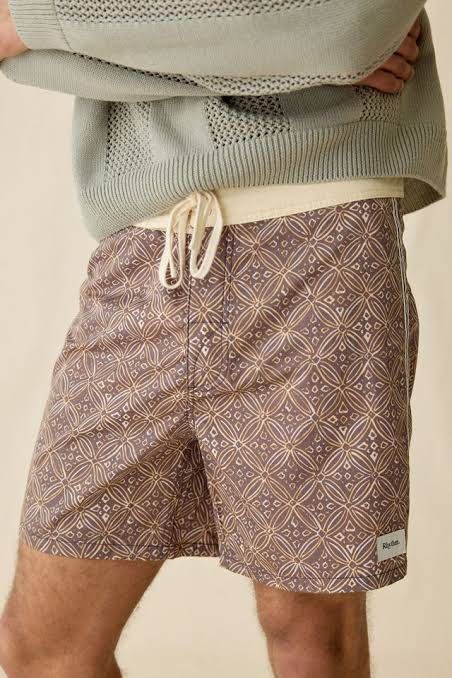 Men’s Rhythm Heritage Java Beach Swim Trunks/Shorts (Category: Swim Trunks & Board Shorts) located in Carmen. Submitted by yawbuangaka (Listing ID 1468739470, Image 1). Description: Men’s Rhythm Heritage Java Beach Swim Trunks/Shorts featuring a vintage geometric floral pattern and a small brand logo on the leg. •Green •Waistline - 32 to 34 •Length - 17.5 •Like new.