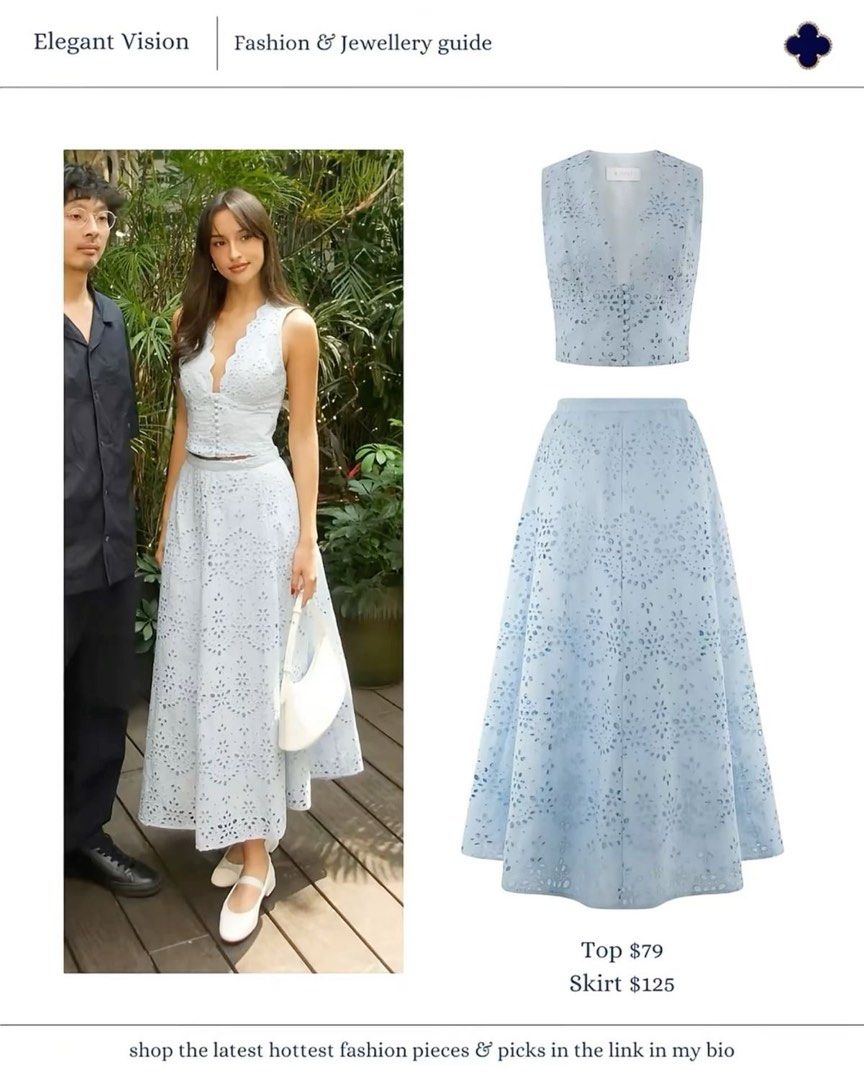 Meshki Blue set worn by Alexandra Leclerc (Category: Dresses) located in Mandaue City. Submitted by kimmycrtzse (Listing ID 1468763111, Image 2). Description: Worn once only, swear!! 🧸 Tags are in tact. Super pretty set in person and the perfect shade of powder blue 🩵 Perfect graduation or birthday dress 💃🏻 Original price was almost 15k including taxes and duties. .