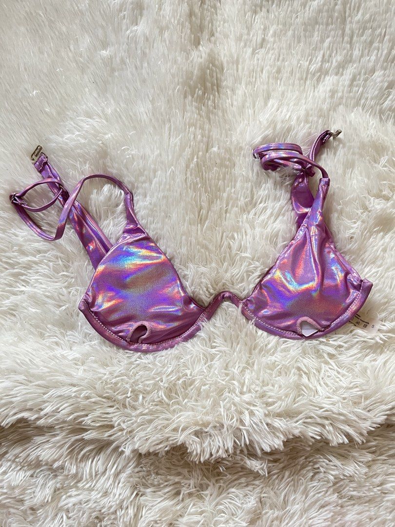 Metallic Holographic Purple Underwire Bikini Set Size S (Category: Bikinis & Swimsuits) located in Valenzuela. Submitted by lovepatt (Listing ID 1468787135, Image 3). Description: - Style: Purple holographic bikini set - Size: Small - Top: Underwire with adjustable straps and keyhole detail - Bottoms: Matching with white inner lining and hygiene sticker attached - Material: 82% polyester, 18% spandex - Origin: Made in China - Care: Wash dark colo