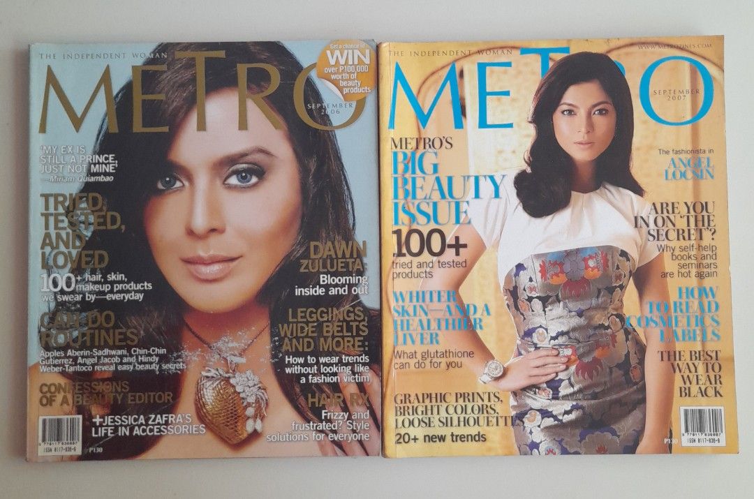 Metro Magazine September 2006 and September 2007 issues (Category: Magazines) located in Batangas. Submitted by bluehasnoclue (Listing ID 1468717696, Image 1). Description: Included Issues in Bundle: ​September 2006 Issue: Featuring the timeless Dawn Zulueta (Special Beauty & Fashion Feature). ​September 2007 Issue: Featuring the iconic Angel Locsin (Metro's Big Beauty Issue). ​ °Issue Highlights: ​Classic September fashion and beauty issues feat