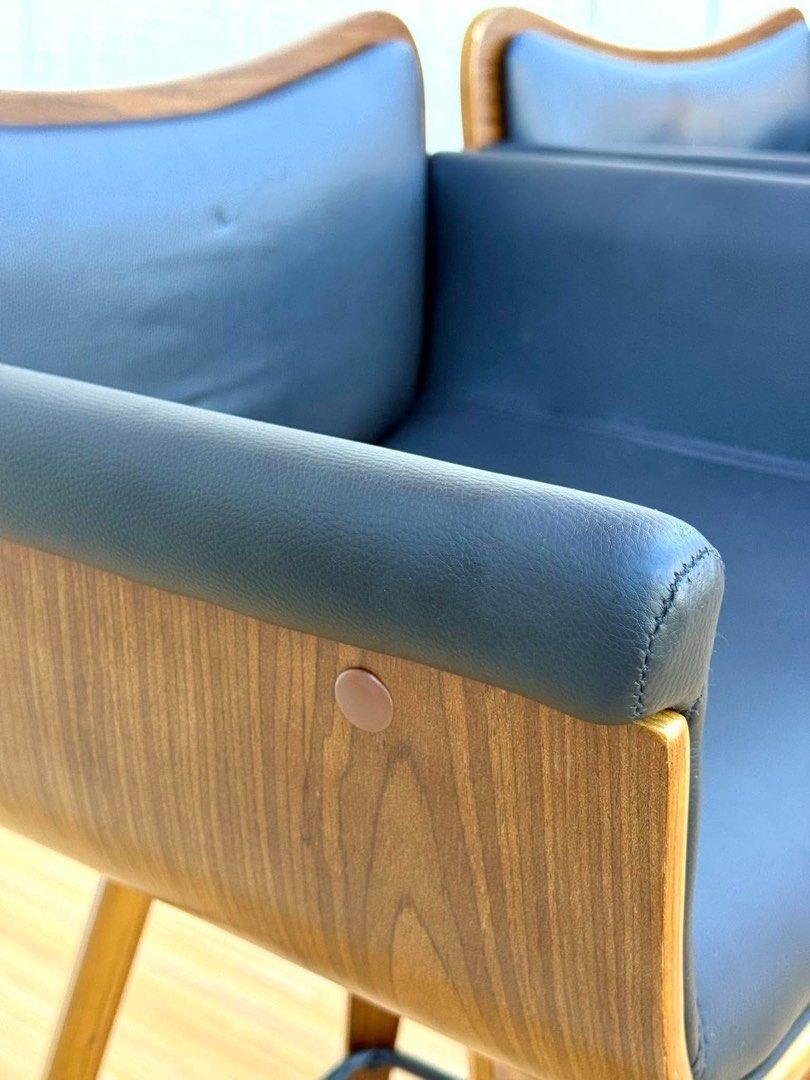 Mid-century modern wooden bar stools (Category: Chairs) located in Manila. Submitted by justinlei.103 (Listing ID 1468835892, Image 3). Description: JAPAN SURPLUS SWIVEL BLACK LEATHER BAR CHAIR WOODEN FRAME IN GOOD CONDITION SIZE: 23H x 21.5L x 17W inches.