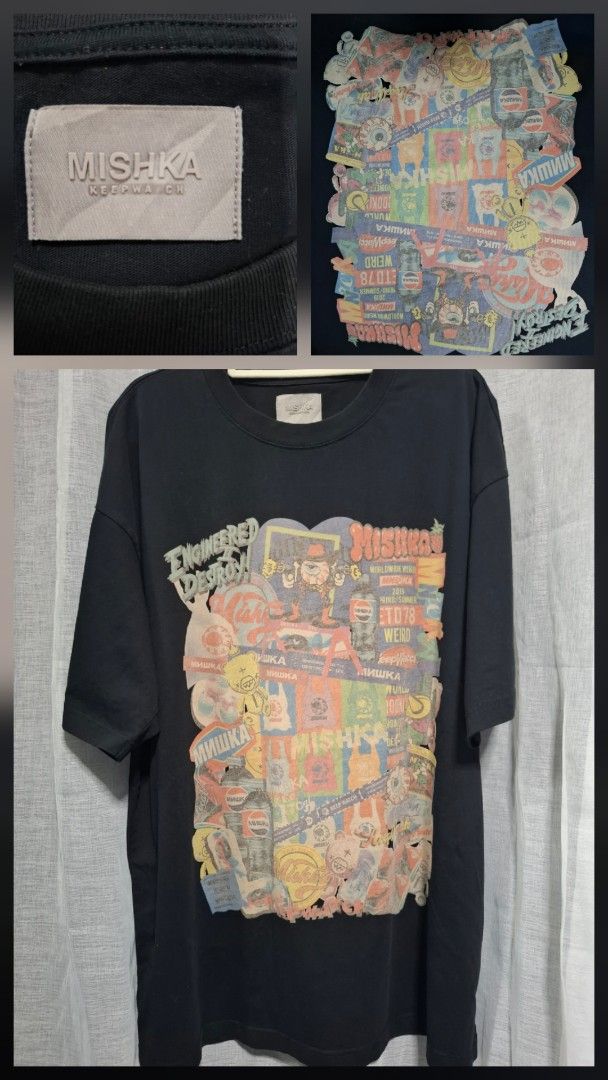 Mishka Black Graphic Tee (Category: Tshirts & Polo Shirts ) located in Manila. Submitted by jazil.ladyliz (Listing ID 1468924984, Image 1). Description: - Brand: Mishka - Style: Graphic t-shirt with bold pop culture and street art collage print - Color: Black - Dimes: 25x31.5 - Material: 100% soft, comfortable cotton - Details: Rubber patch label at the lower back hem.