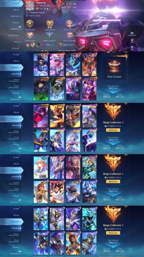 Mobile Legends MLBB Account Mega Collector V Fire Crown (Category: Game Gift Cards & Accounts) located in Caloocan City. Submitted by germsml0genshinshop (Listing ID 1468796405, Image 1). Description: - Account Region: Philippines - Highest Rank: Mythic 93 - Total Matches: 9,738+ - Status: Mega Collector V - Skins (550 total): Includes Epic, Collector, Zodiac, and Fire Crown - Transfer: Ready for immediate account transfer.