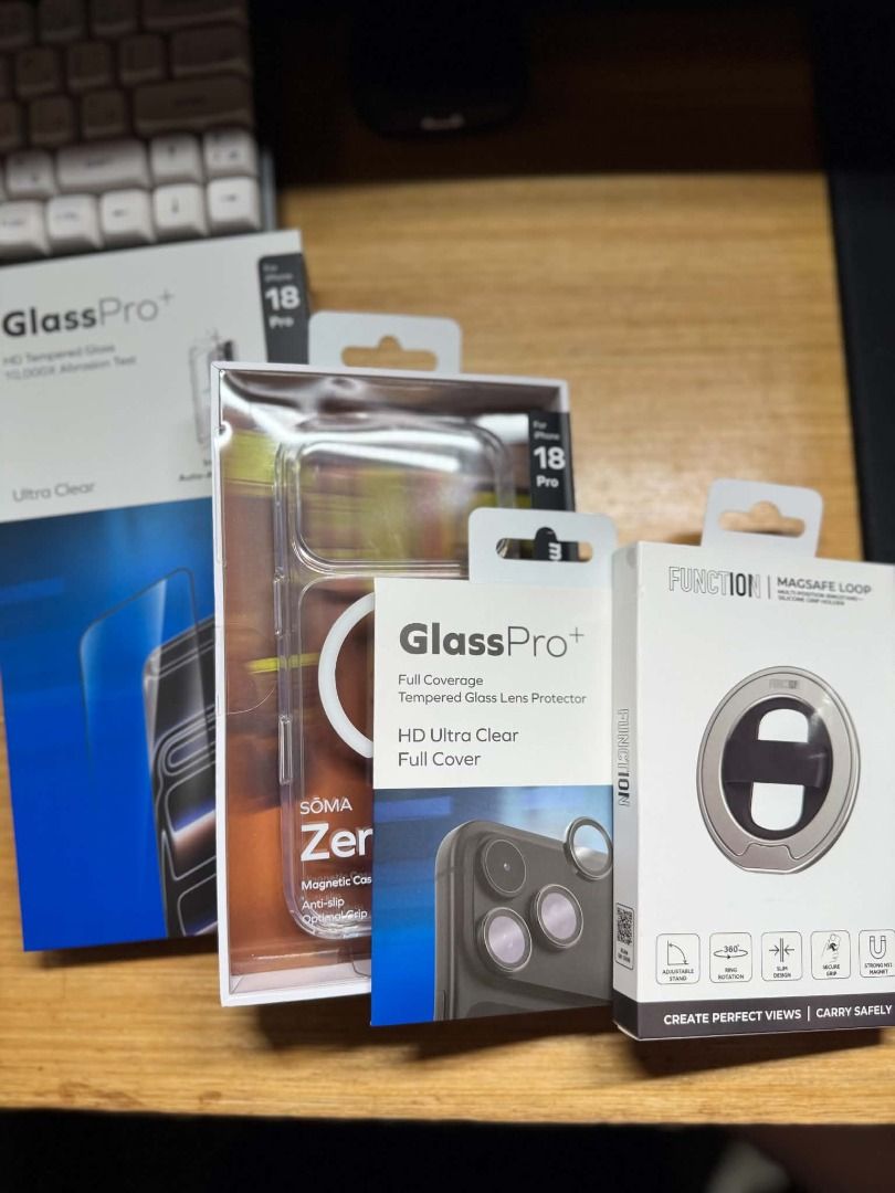 MOMAX iPhone 18 Pro Accessories Bundle (Category: Cases & Sleeves) located in Marikina City. Submitted by rmnnts.ph (Listing ID 1468858452, Image 1). Description: Selling as a set for ₱1,800. Includes: - MOMAX SOMA Zero Magnetic Clear Case - MOMAX GlassPro+ Tempered Glass - MOMAX GlassPro+ Camera Lens Protector - FUNCTION MagSafe Loop / Phone Grip All four accessories included. Selling as a bundle only. Original total price: ₱3,670.