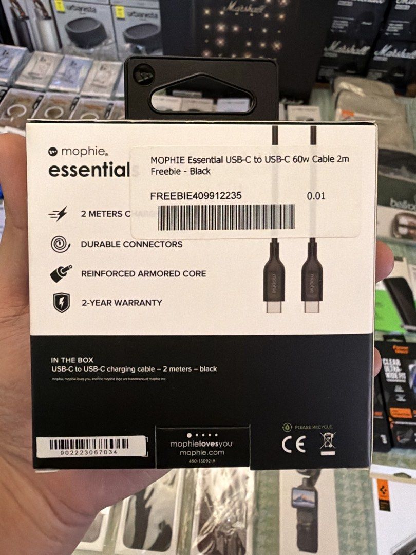 Mophie Essentials C to C cable 2M (Category: Chargers & Cables) located in Quezon City. Submitted by law.1789 (Listing ID 1468916098, Image 2). Description: SRP - 690 SRP - 349 Brand: Mophie Essentials - Product: USB-C to USB-C Charging and Sync Cable - Length: 2 Meters (2M) - Color: Black - Power: Up to 60W Fast Charging - Data Transfer: Up to 480Mbps - Build: Durable TPE cable with reinforced armored core and durable connectors - Condition: Bra