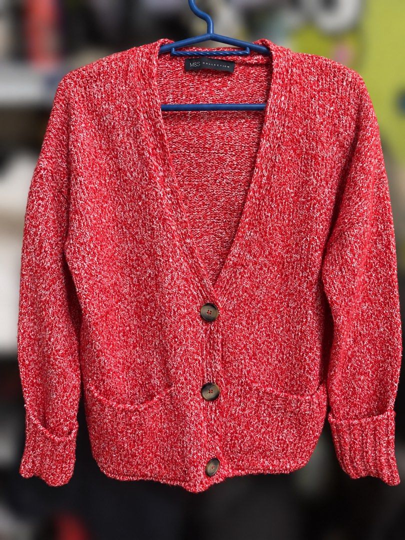 M&S Collection Red Knit Cardigan (Category: Coats, Jackets and Outerwear) located in Caloocan City. Submitted by ishmads (Listing ID 1468883689, Image 1). Description: mop: gcash/maribank mod: lalamove only can fit xs-s price is negotiable no when worn photos .