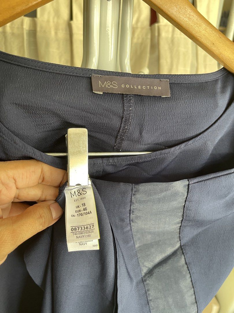 M&S dark blue blouse (Category: Blouses) located in Mandaluyong City. Submitted by coolmeybab (Listing ID 1468788686, Image 2). Description: Size 18 Navy blue Short sleeves w/ organza strip on the sleeves.