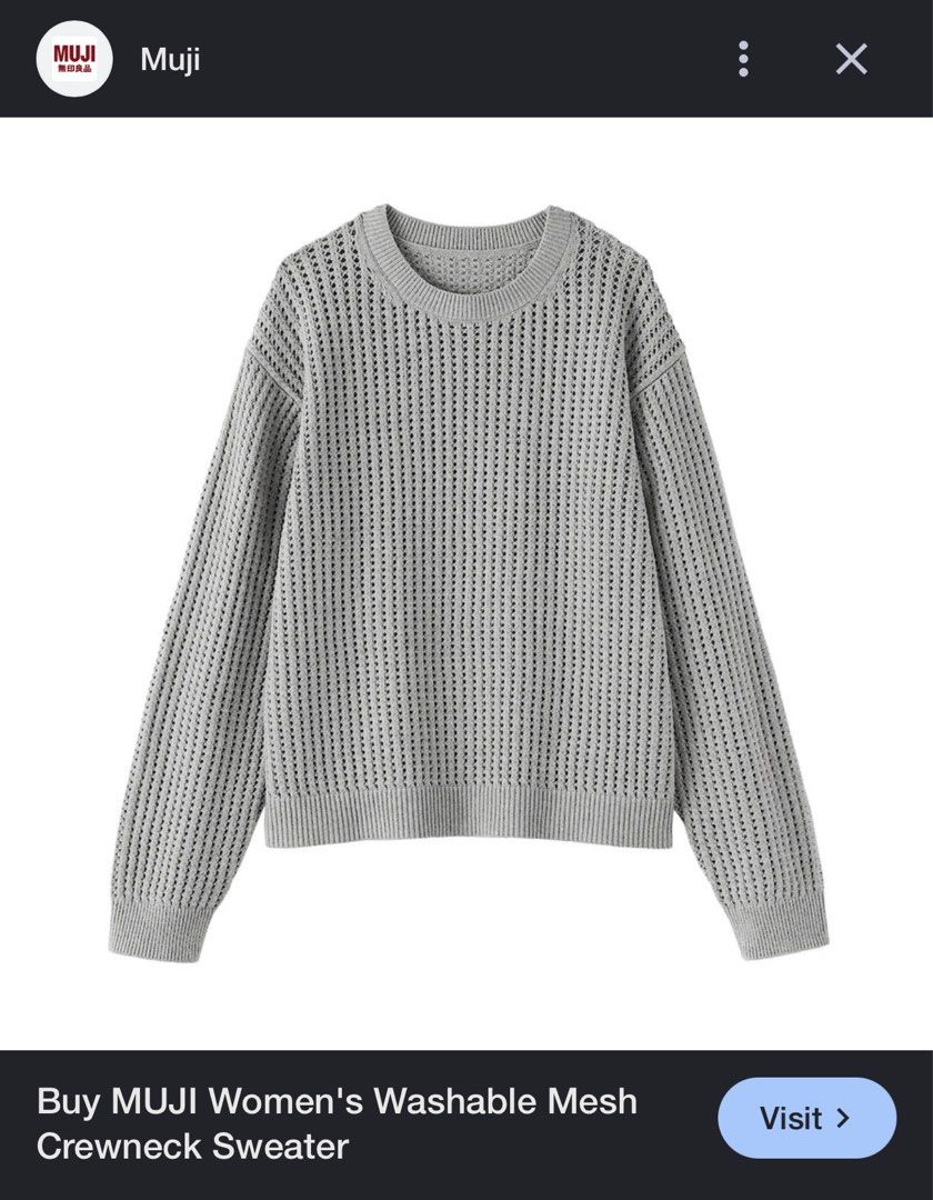 Muji Grey Knitted Sweater (Category: Longsleeves) located in Manila. Submitted by kwentoatkasuotan (Listing ID 1468747349, Image 1). Description: No issue, Like New Condition Kindly check all photos. Size L on tag. Best fit S-M Body Frame. M for 150 only.