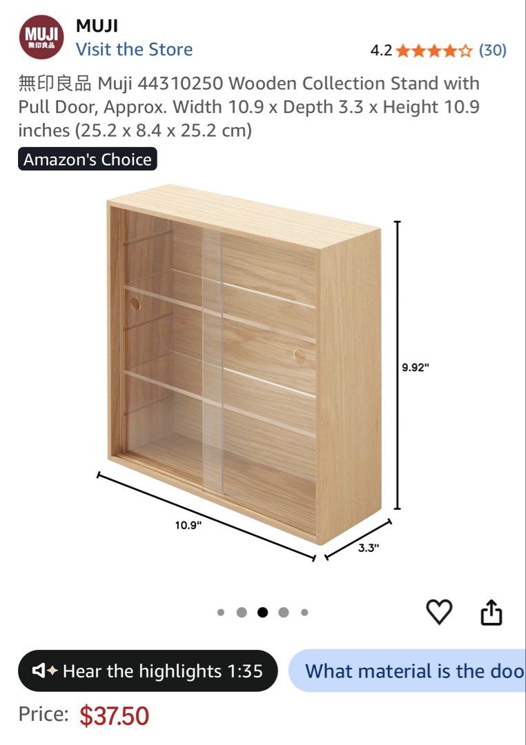 MUJI Wooden Collection Stand with Pull Door (Category: Shelves, Cabinets & Racks) located in Mandaluyong City. Submitted by mockinqjay (Listing ID 1468781035, Image 3). Description: - Authentic MUJI wooden collection stand - Features clear, scratch-free transparent sliding doors - Compact size: roughly 10.9 x 3.3 x 10.9 inches - Removable shelves for customizable spacing - Ideal for miniature figures, small collectibles, and trinkets (Smiskis, So