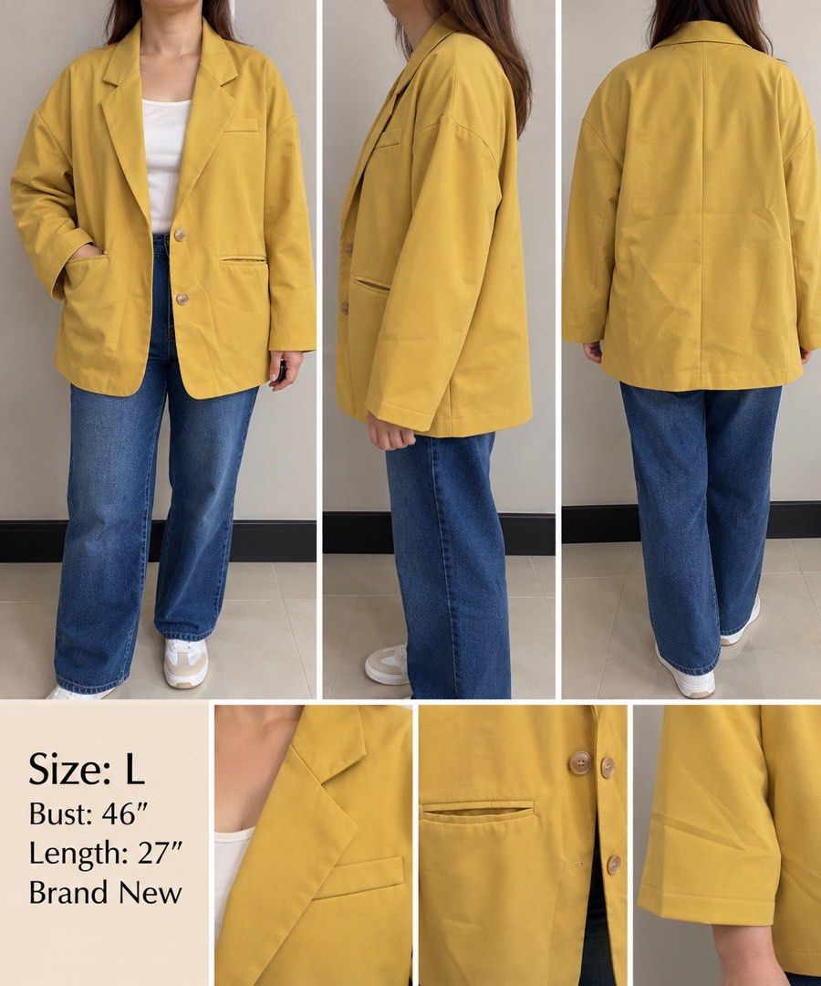 Mustard Yellow Oversized Casual Blazer Size L (Category: Coats, Jackets and Outerwear) located in Quezon City. Submitted by kishey (Listing ID 1468777779, Image 1). Description: - Color: Mustard yellow - Bust: 46 inches - Length: 27 inches - Details: Structured lapels, two front button closures, functional flap pockets - Condition: Brand new with original tag attached - Interior: Fully lined.