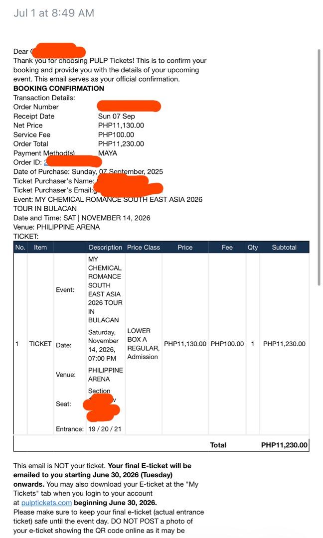 My Chemical Romance Ticket Lower Box A Regular (Category: Events Tickets) located in Lapu Lapu. Submitted by curated.buys (Listing ID 1468793738, Image 1). Description: Final eticket is with me. Rfs: change of plans - Event: My Chemical Romance South East Asia Tour 2026 - Date: Saturday, November 14, 2026 - Time: 07:00 PM - Venue: Philippine Arena, Bulacan - Seat Details: Lower Box A Regular - Quantity: 1 Ticket - Source: Purchased through Pulp T