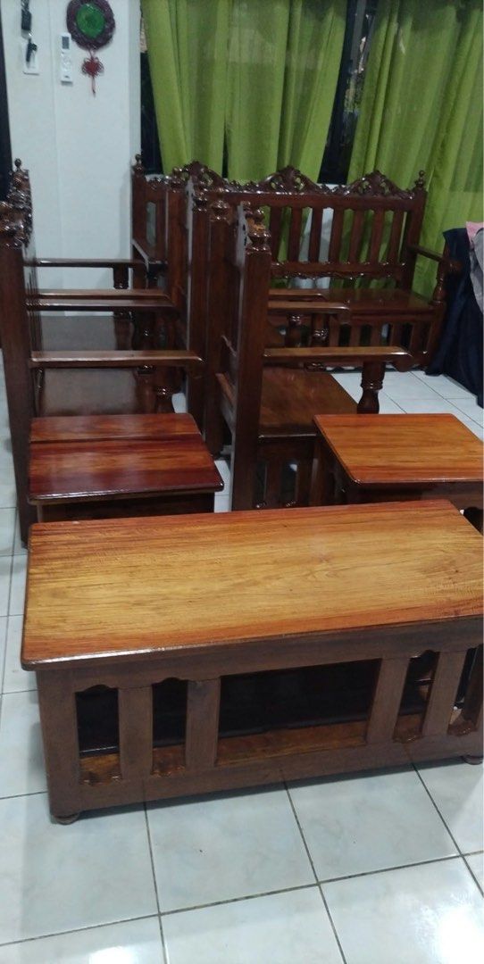 Narra set 8pc (newly refurbish) (Category: Tables & Sets) located in Manila. Submitted by xyanity_300 (Listing ID 1468799874, Image 3). Description: 1pc long chair 4pcs single chair 2pcs side table 1pc center table.