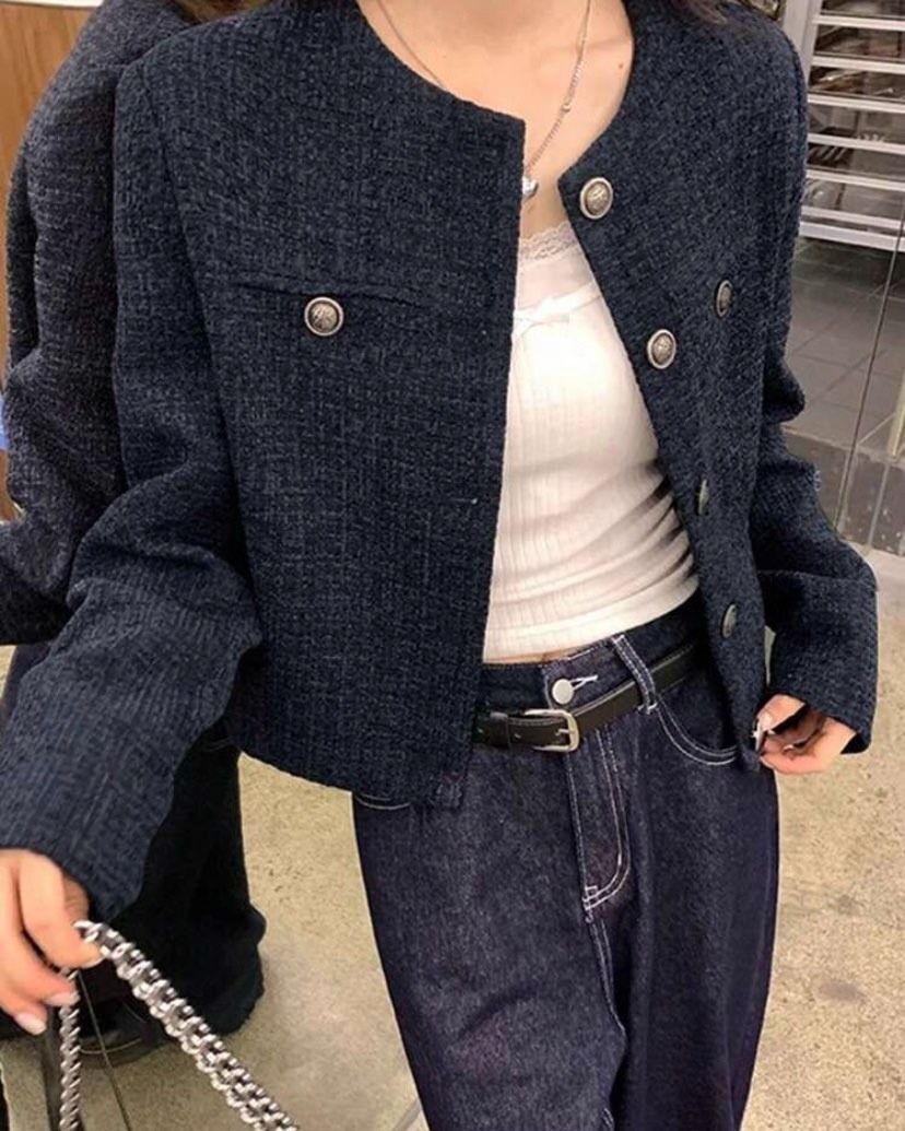 Navy Blue Cropped Tweed Jacket Cardigan (Category: Coats, Jackets and Outerwear) located in Naga. Submitted by mariecan (Listing ID 1468772586, Image 2). Description: - Navy Blue Cropped Tweed Jacket Cardigan - Brand: SHEIN - Fits S-M - bought at shein for 1.2k+ - selling for 799 (negotiable) - no issues - with pouch.