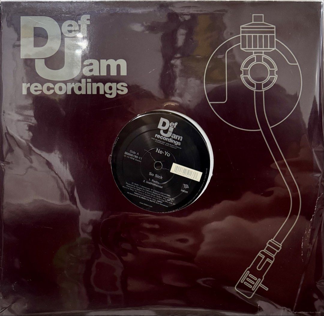 Ne-Yo So Sick (Category: Vinyls) located in Quezon City. Submitted by fruits26 (Listing ID 1468751478, Image 1). Description: - Artist & Track: Ne-Yo - So Sick (Radio and Instrumental versions) - Format: 12-inch vinyl record, 33 1/3 RPM - Label: Def Jam Recordings (Catalog No: B0006190-11) - Packaging: Original company sleeve with center cutout - Condition: Great R&B classic, perfect for collectors Media: VG++/EX On hand and ready for shipping Qc