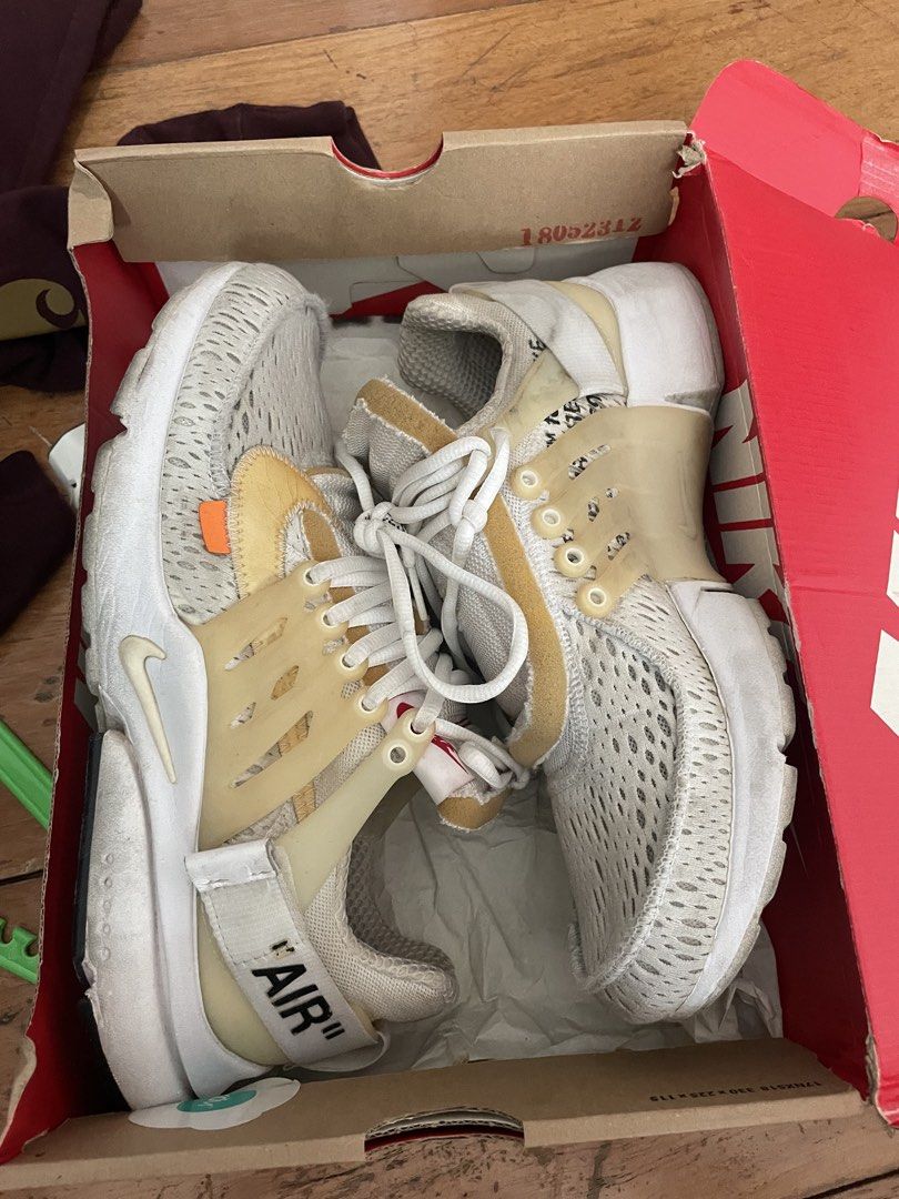 Nike Air Presto Off-White (Category: Sneakers) located in Angono. Submitted by marketplacesellerph610 (Listing ID 1468754207, Image 1). Description: - Brand: Nike x Off-White Air Presto - Style: Iconic deconstructed design with signature orange tab and strap text details - Condition: Signs of aging with natural yellowing on the translucent cage and sole; minor wear on the bottom tread - Inclusion: Complete with original box - Trusted seller: Deal