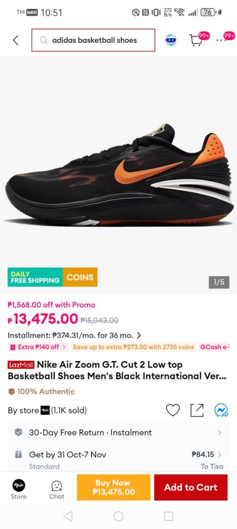 Nike Air Zoom G.T. Cut 2 Black phantom (Category: Racket and Ball Sports) located in Cebu City. Submitted by abellarces30419 (Listing ID 1468757768, Image 2). Description: - Model: Nike Air Zoom G.T. Cut 2 Black phantom cone university inspired Flagship model in Nike premium sports 100% Original - Colorway: Sleek black upper with vibrant orange swoosh and accents - Sole: White and black zig-zag traction outsole with reddish-orange rubber sections
