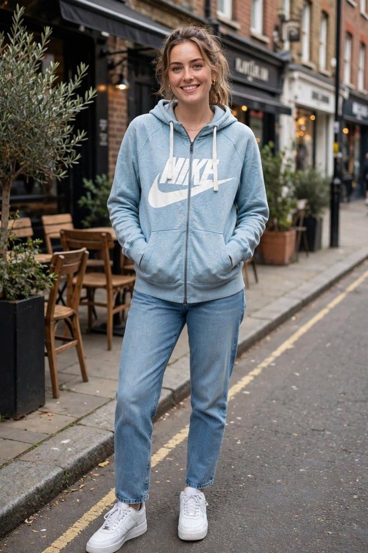 Nike Blue Zip Up Hoodie Unisex (Category: Coats, Jackets and Outerwear) located in San Pedro. Submitted by lifebeginsaftercoff33 (Listing ID 1468762995, Image 1). Description: - Brand: Nike - Color: Blue heathered - Size: M on tag - Dimes: 20 x 25 - Design: Large white logo graphic across the chest - Features: Front zip closure, adjustable hood drawstrings, two front pockets, and ribbed cuffs/hem - In very good condition - very soft comfy light s