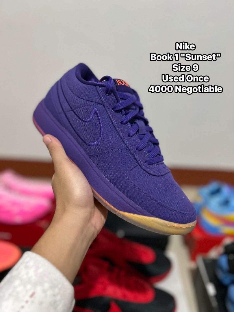Nike Book 1 Sunset (Category: Sneakers) located in Quezon City. Submitted by bertsonamilasolidshoes (Listing ID 1468922515, Image 1). Description: - Model: Nike Book 1 Sunset - Colorway: Deep purple upper with a gum sole and vibrant orange accents - Size: Men's US 9 - Condition: Worn only once, practically spotless - Price: Negotiable (Hit me up before they're gone!).