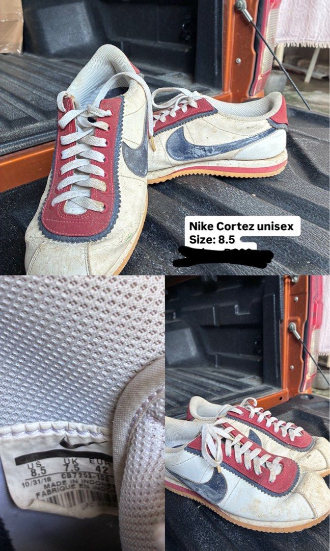 Nike Cortez (Category: Sneakers) located in Davao. Submitted by pchy_ (Listing ID 1468787173, Image 1). Description: - Brand: Nike Cortez - Colorway: White, Red, and Blue - Size: US 8.5 / UK 7.5 / EUR 42 - Origin: Made in Indonesia - Design: Classic low-top with lace-up closure - Condition: Pre-owned with visible scuffs, dirt marks on uppers/midsoles/outsoles, and creasing from regular wear - Durability: Still has plenty of life left for your dai