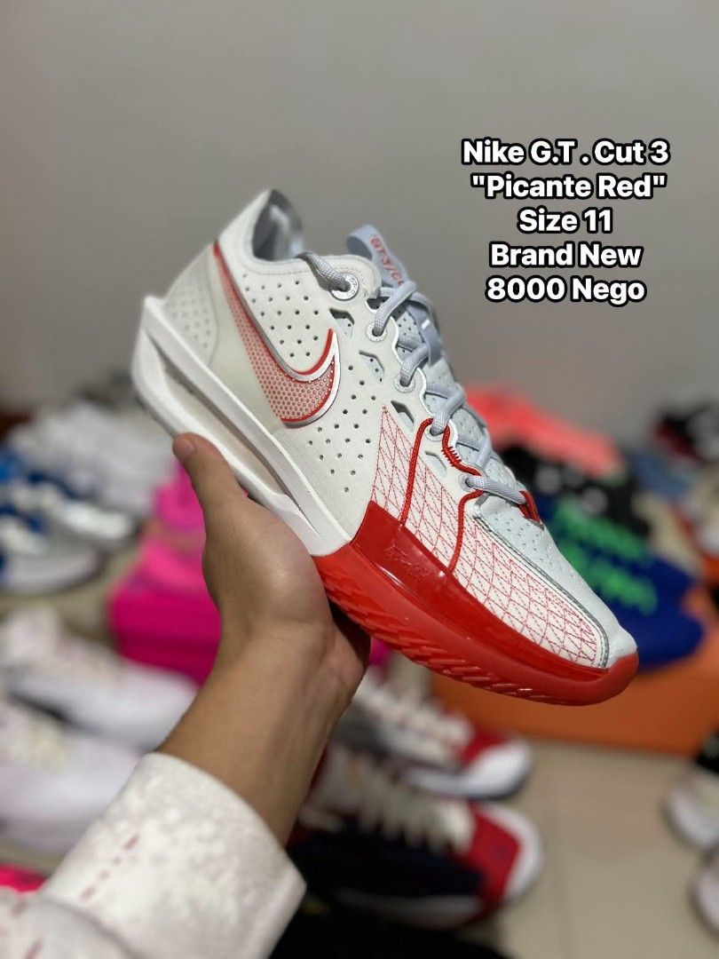 Nike G.T. Cut 3 Picante Red (Category: Sneakers) located in Quezon City. Submitted by bertsonamilasolidshoes (Listing ID 1468922013, Image 1). Description: - Model: Nike G.T. Cut 3 - Colorway: Picante Red / White - Size: Men's US 11 - Condition: Clean, ready for the court - Performance: Built for high-level basketball performance and superior court traction - Design: White upper with striking red branding and translucent red rubber sole units.