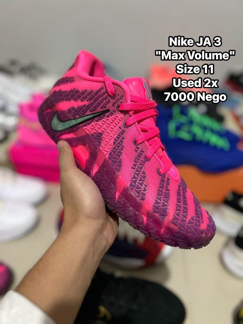 Nike JA 3 Max Volume (Category: Sneakers) located in Quezon City. Submitted by bertsonamilasolidshoes (Listing ID 1468921904, Image 1). Description: - Brand/Model: Nike Ja 3 Max Volume - Size: 11 US - Condition: Worn twice, clean with minimal wear on soles and uppers - Colorway: Vibrant pink and purple pattern with black swoosh detail - Features: Standard lacing system, versatile for court or casual wear - Price: Slightly negotiable, message for 
