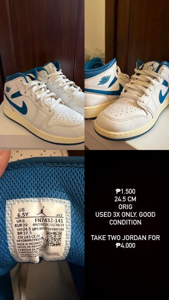 Nike Jordan 1 Low & Mid Bundle Size 24.5cm (Category: Sneakers) located in Manila. Submitted by mikkk_seyer (Listing ID 1468854808, Image 2). Description: - 100% Original Jordans (Size: 24.5 cm / Women's) - Low Pair: Summit White Red Sepia colorway, worn 3x only, includes free Laze laces - Available for individual purchase or as a discounted bundle if you buy both for ₱4000 - PM for inquiries or fast checkout!.