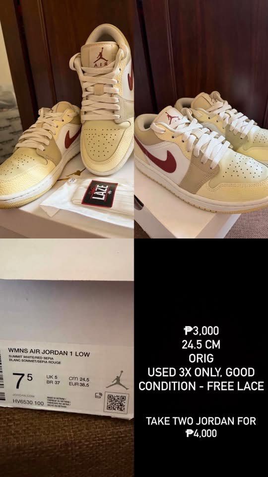 Nike Jordan 1 Low & Mid Bundle Size 24.5cm (Category: Sneakers) located in Manila. Submitted by mikkk_seyer (Listing ID 1468854808, Image 1). Description: - 100% Original Jordans (Size: 24.5 cm / Women's) - Low Pair: Summit White Red Sepia colorway, worn 3x only, includes free Laze laces - Available for individual purchase or as a discounted bundle if you buy both for ₱4000 - PM for inquiries or fast checkout!.