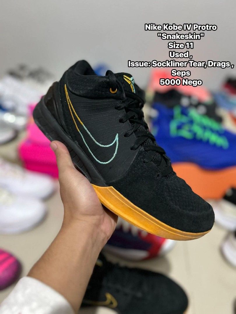 Nike Kobe IV Protro Snakeskin Size 11 (Category: Sneakers) located in Quezon City. Submitted by bertsonamilasolidshoes (Listing ID 1468921928, Image 1). Description: - Brand/Model: Nike Kobe IV Protro (Snakeskin) - Size: Men's US 11 - Condition: Used pair - Flaws: Torn sockliner, noticeable drag, and separation - Usage: Still plenty of life left for the court or casual wear - Price/Availability: Message to grab them now!.