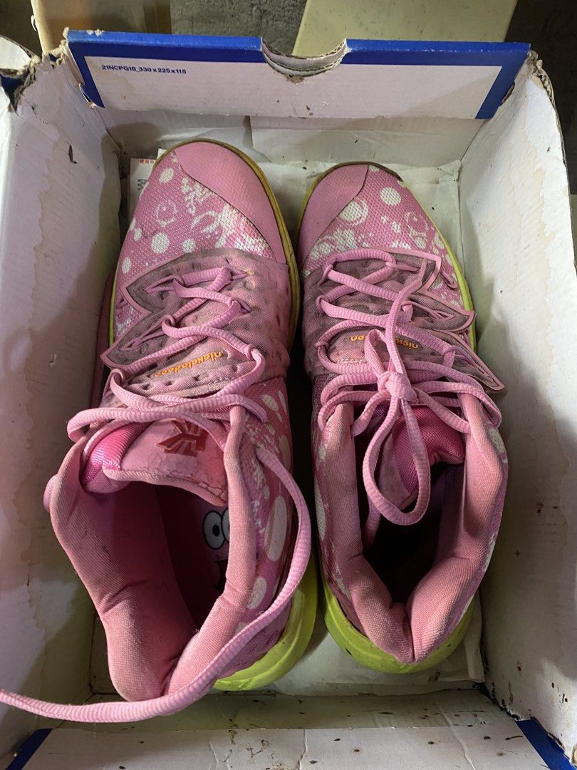 Nike Kyrie 5 Patrick Star SpongeBob SquarePants (Category: Sneakers) located in Manila. Submitted by kentmarion.water (Listing ID 1468713024, Image 1). Description: Nike Kyrie 5 sneakers, SpongeBob SquarePants Patrick Star edition. Pink upper with bubble patterns, bright lime green sole. SpongeBob character graphics inside the footbed. Includes original box and Nike care insert. Basketball shoes with Zoom Air cushioning. Minor signs of wear on so