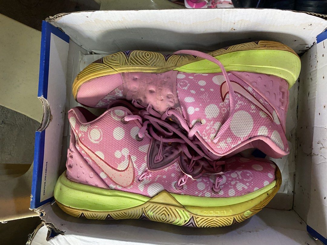 Nike Kyrie 5 Patrick Star SpongeBob SquarePants (Category: Sneakers) located in Manila. Submitted by kentmarion.water (Listing ID 1468713024, Image 2). Description: Nike Kyrie 5 sneakers, SpongeBob SquarePants Patrick Star edition. Pink upper with bubble patterns, bright lime green sole. SpongeBob character graphics inside the footbed. Includes original box and Nike care insert. Basketball shoes with Zoom Air cushioning. Minor signs of wear on so