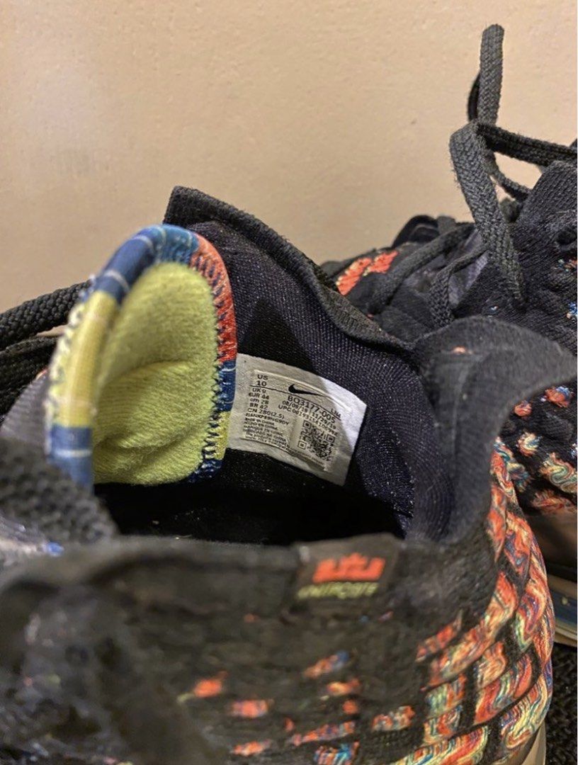 Nike LeBron 17 James Gang (Category: Sneakers) located in Pasig City. Submitted by yopops (Listing ID 1468781364, Image 3). Description: - Brand/Model: Nike LeBron 17 James Gang - Size: US 10 / UK 9 / EUR 44 - Colorway: Black knit upper with vibrant multicolored accents and James Gang tongue branding - Condition: Worn with moderate tread wear and a minor scuff on the outsole (see circled photo) - Packaging: No original box included - Ideal for ho