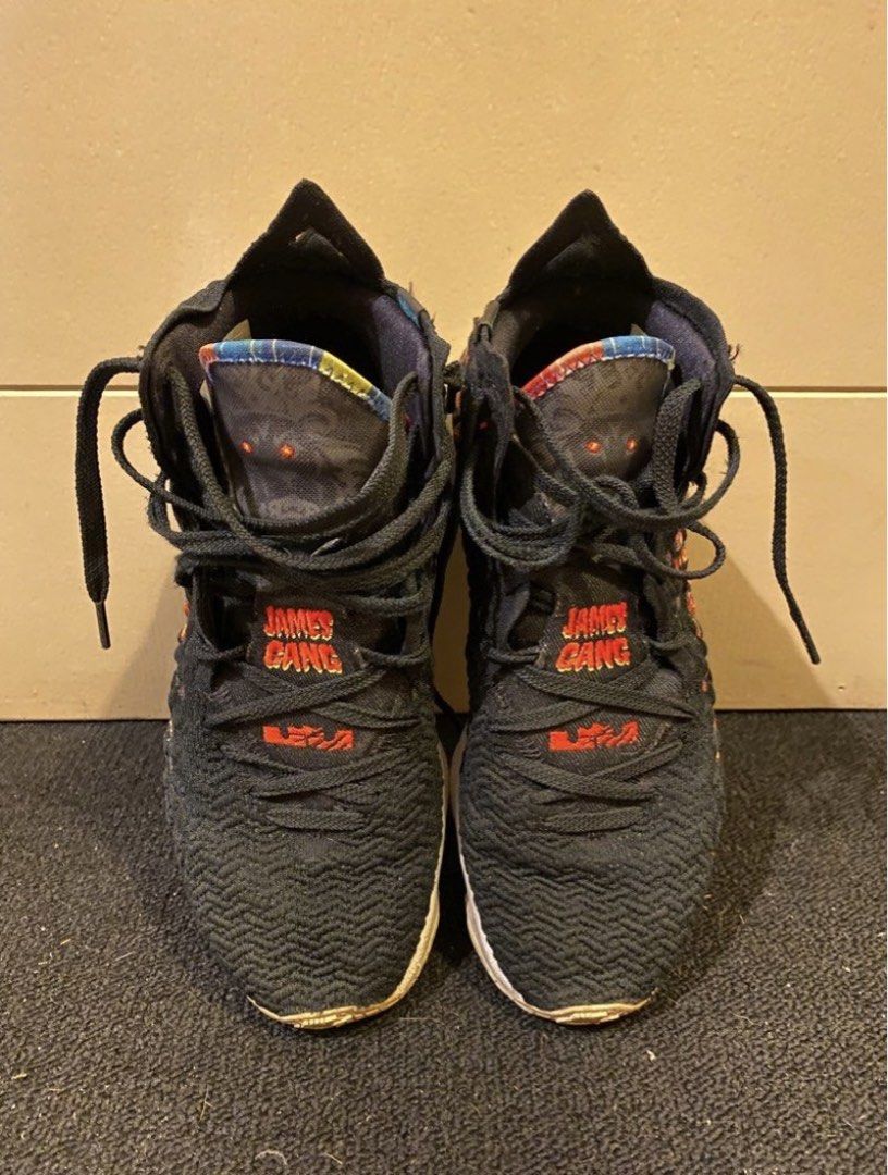 Nike LeBron 17 James Gang (Category: Sneakers) located in Pasig City. Submitted by yopops (Listing ID 1468781364, Image 2). Description: - Brand/Model: Nike LeBron 17 James Gang - Size: US 10 / UK 9 / EUR 44 - Colorway: Black knit upper with vibrant multicolored accents and James Gang tongue branding - Condition: Worn with moderate tread wear and a minor scuff on the outsole (see circled photo) - Packaging: No original box included - Ideal for ho