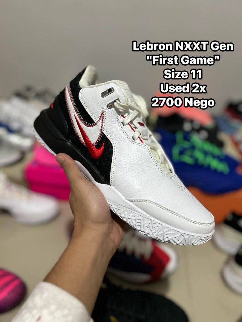Nike Lebron NXXT Gen First Game Size 11 (Category: Sneakers) located in Quezon City. Submitted by bertsonamilasolidshoes (Listing ID 1468921956, Image 1). Description: - Model: Nike LeBron NXXT Gen (First Game colorway) - Size: US 11 - Condition: Worn only twice, practically clean soles - Colorway: White leather base with black overlays and red Swoosh branding - Outsole: Solid, grippy white outsole for great traction - Versatility: Perfect for ba