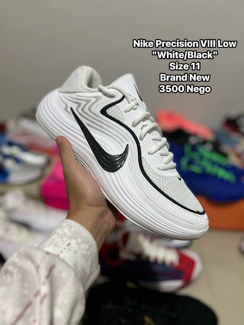 Nike Precision VIII Low White Black (Category: Sneakers) located in Quezon City. Submitted by bertsonamilasolidshoes (Listing ID 1468922033, Image 1). Description: - Brand: Nike - Model: Precision VIII Low - Colorway: White and Black - Size: 11 US - Condition: Brand new, never worn - Upper: Clean mesh with synthetic overlays and prominent black swoosh - Sole: Thick white cushioned unit with textured grip details - Closure: Traditional lace-up fro