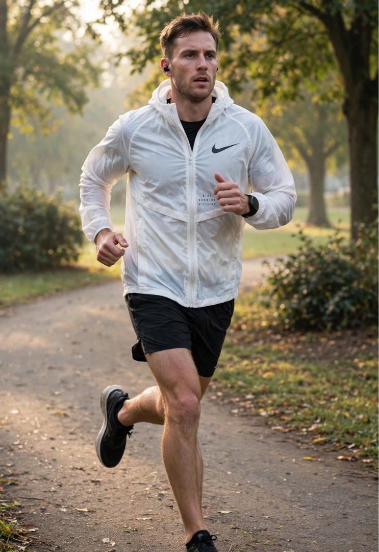 Nike Running Division White Windbreaker Packable Jacket Unisex (Category: Coats, Jackets and Outerwear) located in San Pedro. Submitted by lifebeginsaftercoff33 (Listing ID 1468809521, Image 2). Description: - Authentic Nike Running Division jacket in white Unisex -Packable garment - Classic snap-button front closure with high collar - Two side pockets - Nike swoosh logo on chest with additional text branding - Lightweight, durable ripstop fabric