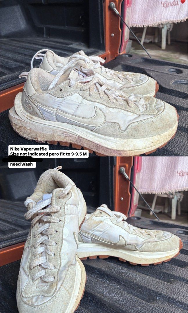 Nike Vaporwaffle Sneakers (Category: Sneakers) located in Davao. Submitted by pchy_ (Listing ID 1468787252, Image 1). Description: - Brand: Nike Vaporwaffle - Colorway: White with suede and mesh panels - Size: No tag, fits approximately US 9 to 9.5 Men's - Features: Double laces and iconic stacked sole design - Condition: Heavily soiled and stained all over; needs a thorough deep clean - Price: Selling cheap due to condition - perfect restoration