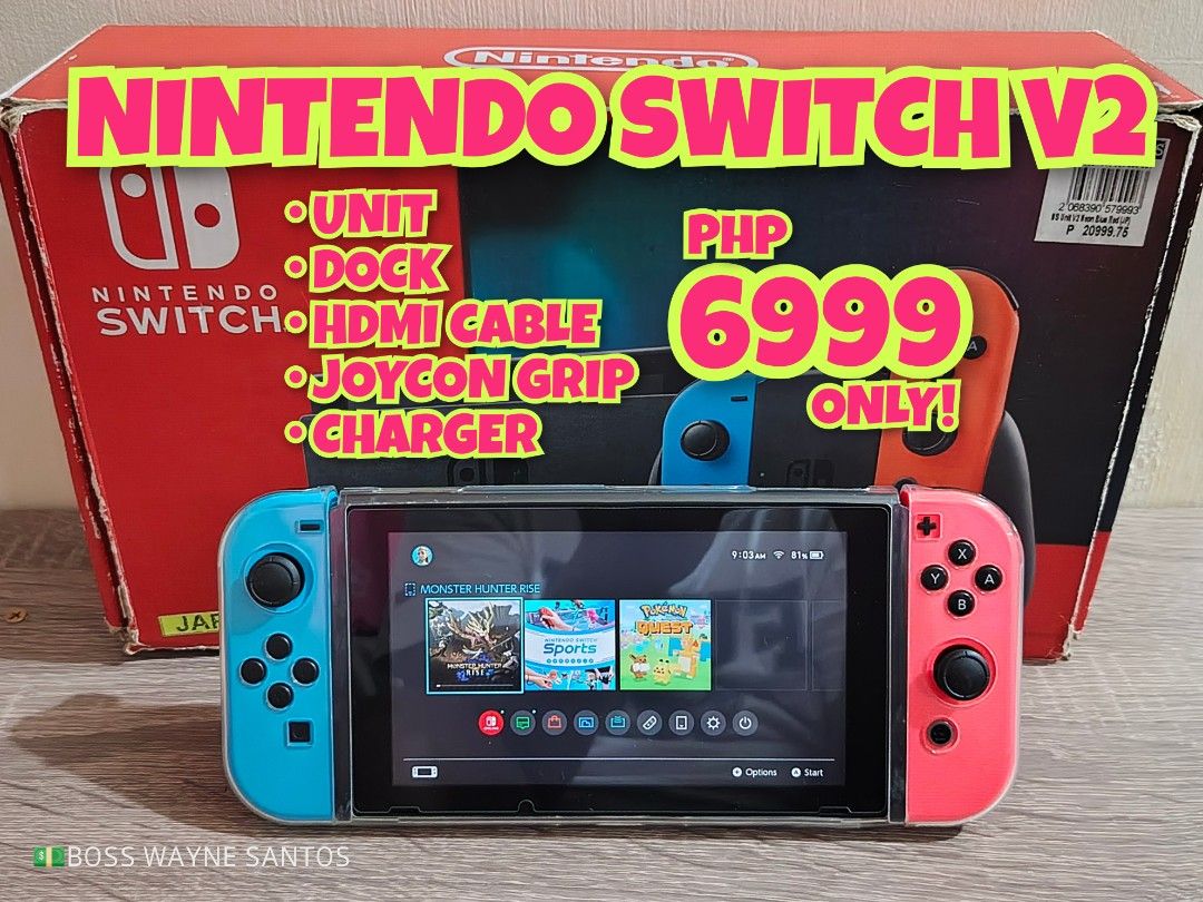 Nintendo Switch V2 Neon Blue/Red Console Bundle (Category: Nintendo) located in Marikina City. Submitted by waynewayne2 (Listing ID 1468725057, Image 1). Description: FOR SALE OR TRADE +cash Pampanga meetup Jnt, lbc or lalamove sa malayo 09760568942 NINTENDO SWITCH V2 -In good condition, w/tempered glass & clear case -w/dock, hdmi cable, joycon grip, & orig charger -w/3 games installed FREE Monsterhunter rise Nintendo sports Pokemon quest PHP 699