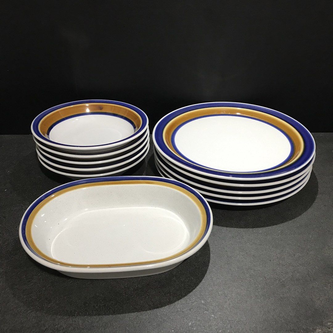 Noritake Primastone Pacifica 8307 Dinnerware Set (Category: Dinnerware & Cutlery) located in Baao. Submitted by all.things.japan (Listing ID 1468742656, Image 2). Description: Dinner Plate: 10.5 inches Bowls: 7.5 x 1.75 inches Server: 9.5 x 7 x 1.75 - Brand: Noritake Primastone - Pattern: Pacifica (8307) - Origin: Made in Japan - Material: Genuine sturdy stoneware - Design: Speckled white background with blue and ochre bands - Set Includes: Plate