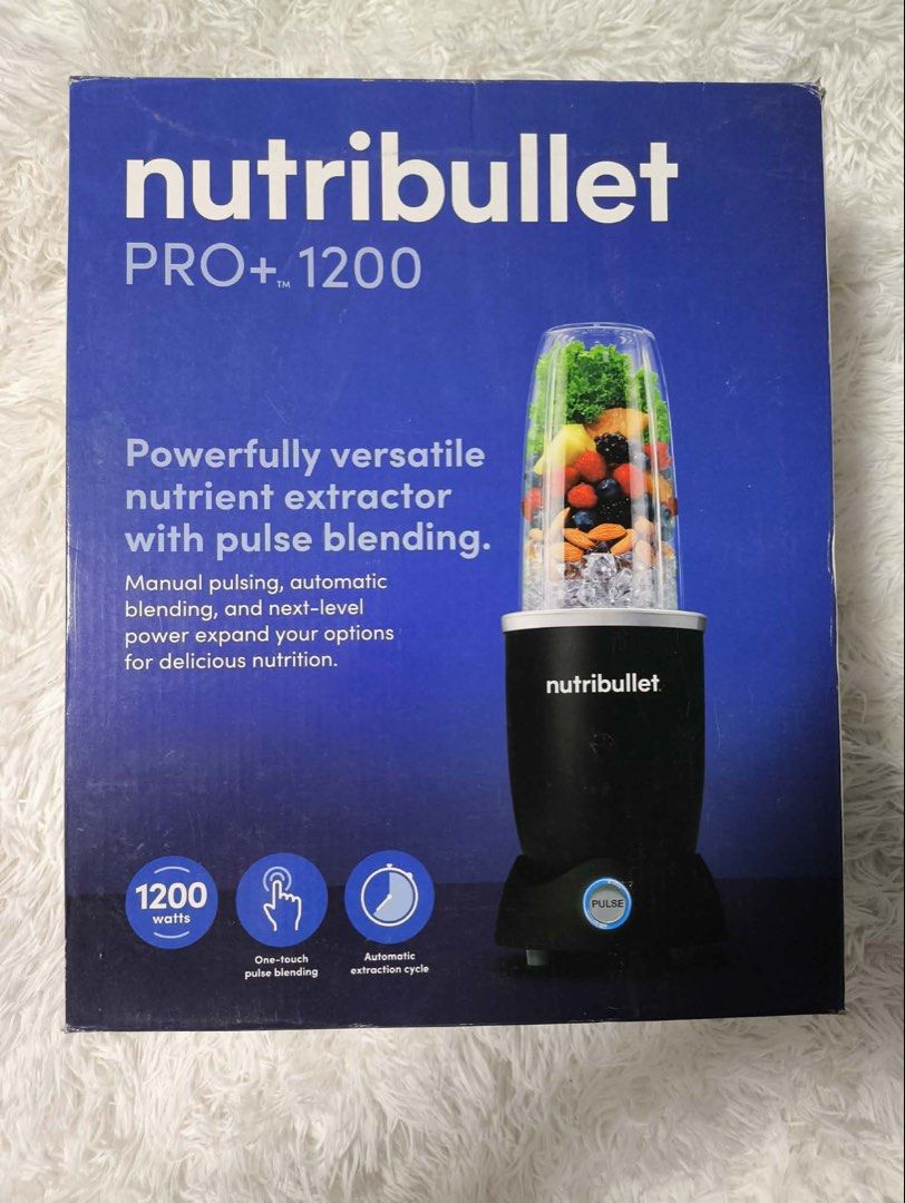 Nutribullet Pro+ 1200 Personal Blender (Category: Juicers, Blenders & Grinders) located in Quezon City. Submitted by sammy.stash (Listing ID 1468743921, Image 3). Description: - Item: Nutribullet Pro+ 1200-Watt Personal Blender - Condition: Brand new, unopened box - Power: 1200-watt motor base with touch-based pulse button and hands-free automatic extraction cycle - What's included: Extractor blade, 900ml cup, 700ml cup, 2 cup rings, 2 to-go lids