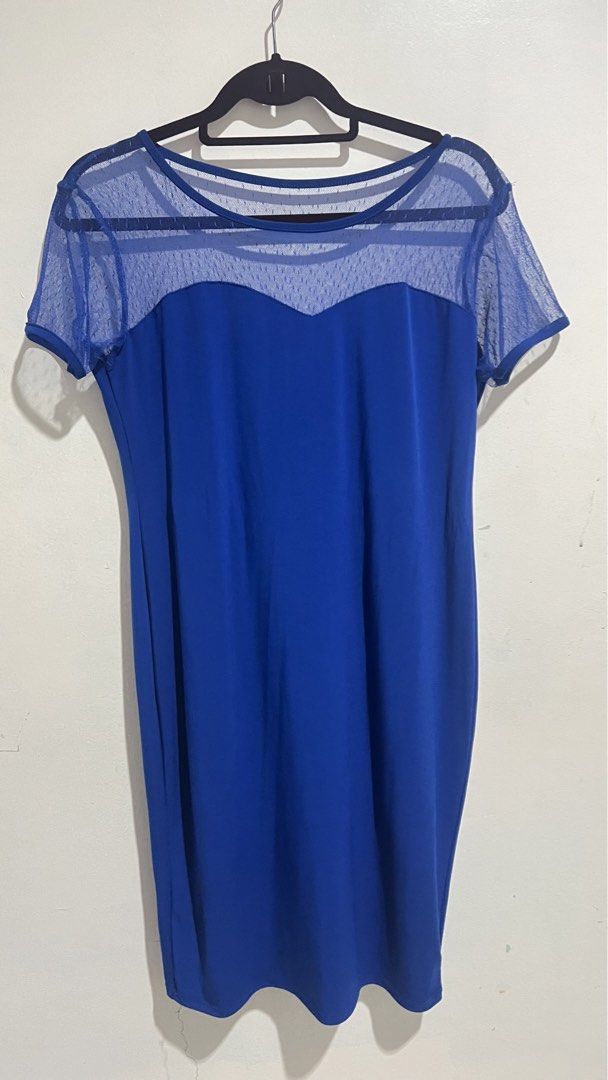 Office Dress with Mesh (Category: Dresses) located in Cabuyao City. Submitted by calmstorm.0108 (Listing ID 1468836778, Image 1). Description: - Brand: Get Laud - Color: Blue - Style: Bodycon, knee-length dress - Neckline: Scoop neck with sheer mesh top and sweetheart cut underneath - Sleeves: Short sleeves - Details: Sheer mesh with subtle dotted pattern - Fabric: Stretchy and super comfortable - Occasion: Perfect for parties and night outs.