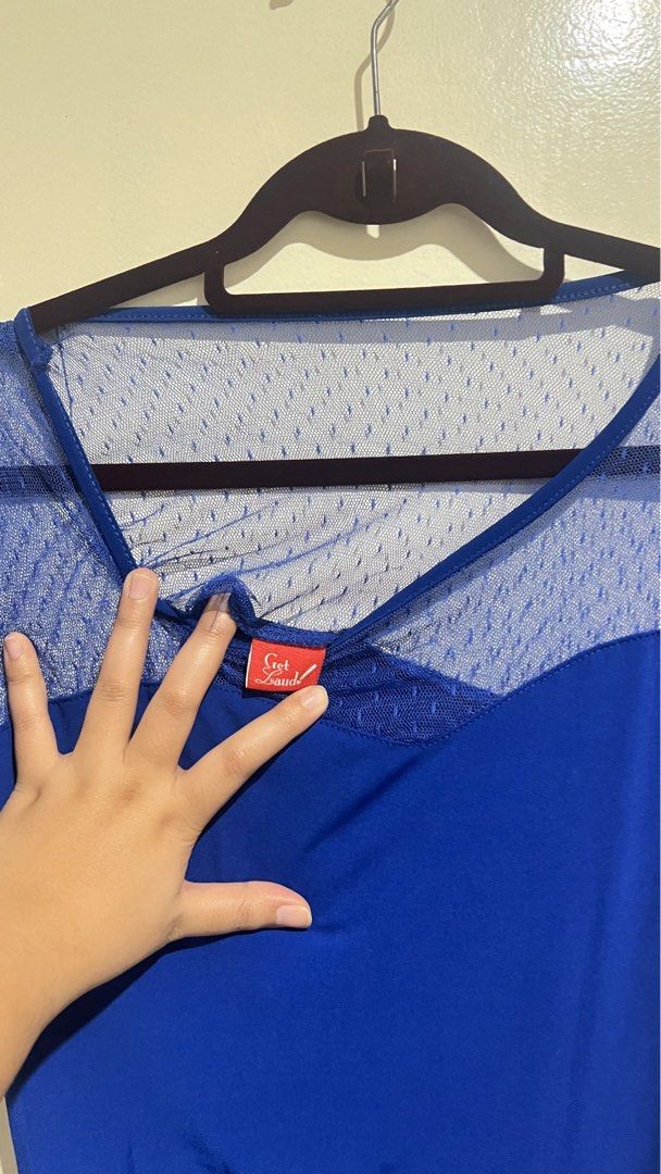 Office Dress with Mesh (Category: Dresses) located in Cabuyao City. Submitted by calmstorm.0108 (Listing ID 1468836778, Image 2). Description: - Brand: Get Laud - Color: Blue - Style: Bodycon, knee-length dress - Neckline: Scoop neck with sheer mesh top and sweetheart cut underneath - Sleeves: Short sleeves - Details: Sheer mesh with subtle dotted pattern - Fabric: Stretchy and super comfortable - Occasion: Perfect for parties and night outs.