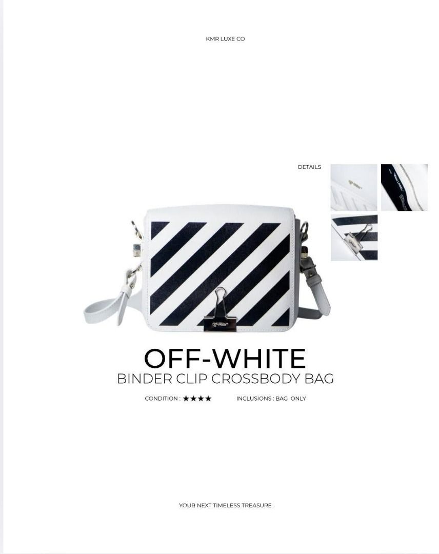 Off-White Binder Clip Crossbody Bag White Black (Category: Cross-body Bags) located in Caloocan City. Submitted by truewater_cf3523 (Listing ID 1468838169, Image 1). Description: - Authentic-style Off-White crossbody bag - Striking white and black stripe design - Iconic metal binder clip front closure - Structured leather body with silver-tone hardware - Includes an adjustable strap for shoulder or crossbody wear - Condition: Bag only (dust bag a